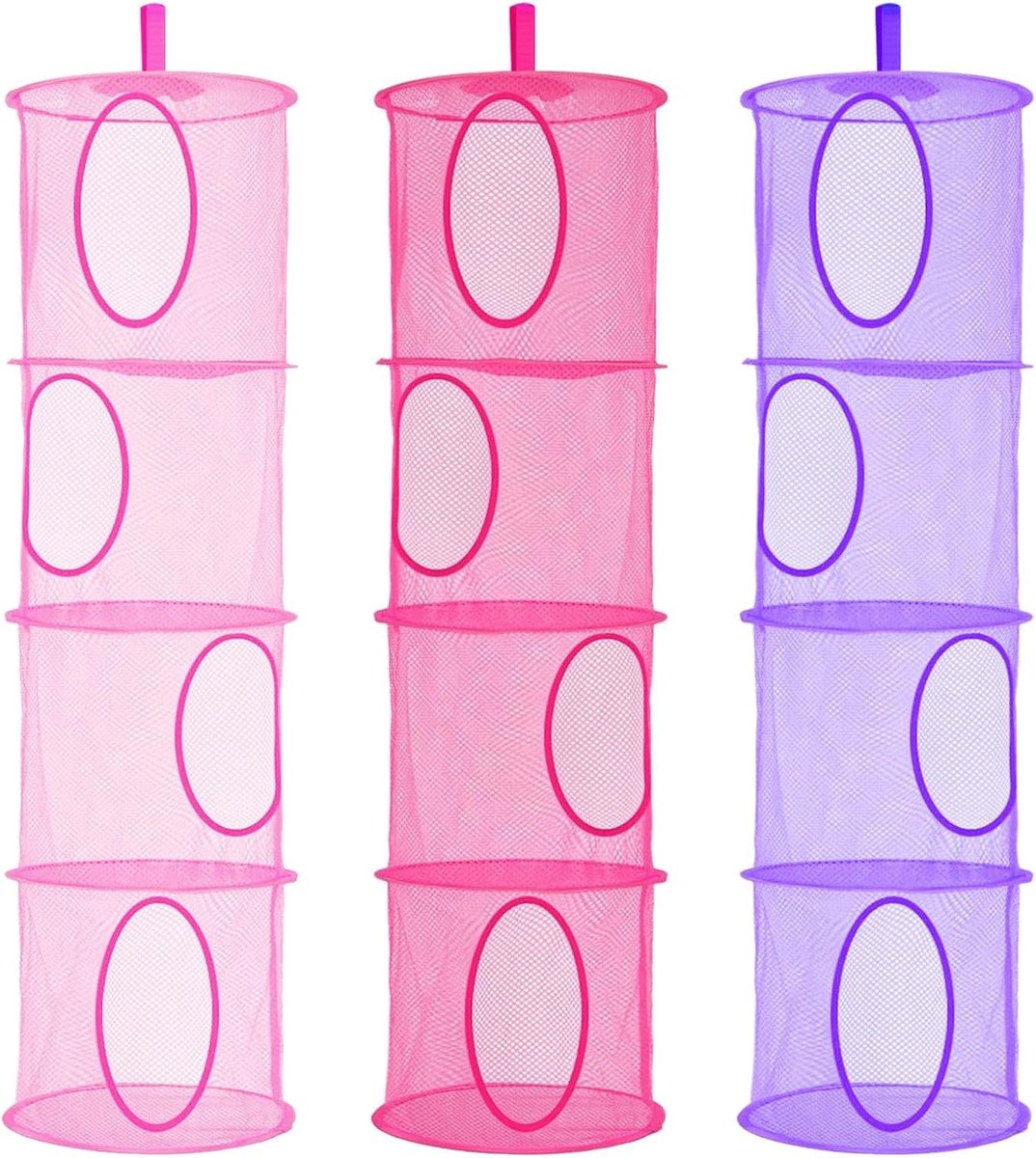 4 Tier opknoping mesh, 3 PCS Opvouwbaar Bespaar ruimte Hangende speelgoedmand voor kinderkamer, badkamer, balkon (Roze, Roos, Paars) (Roze, Roos, Paars)