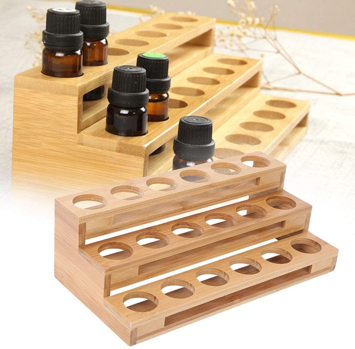 Dailygoods- Opbergdoos Bamboe - Displaystandaard voor Etherische Olieflessen - 18 Gaten - 35 mm Diameter - Duurzaam - Milieuvriendelijk - Flesrek