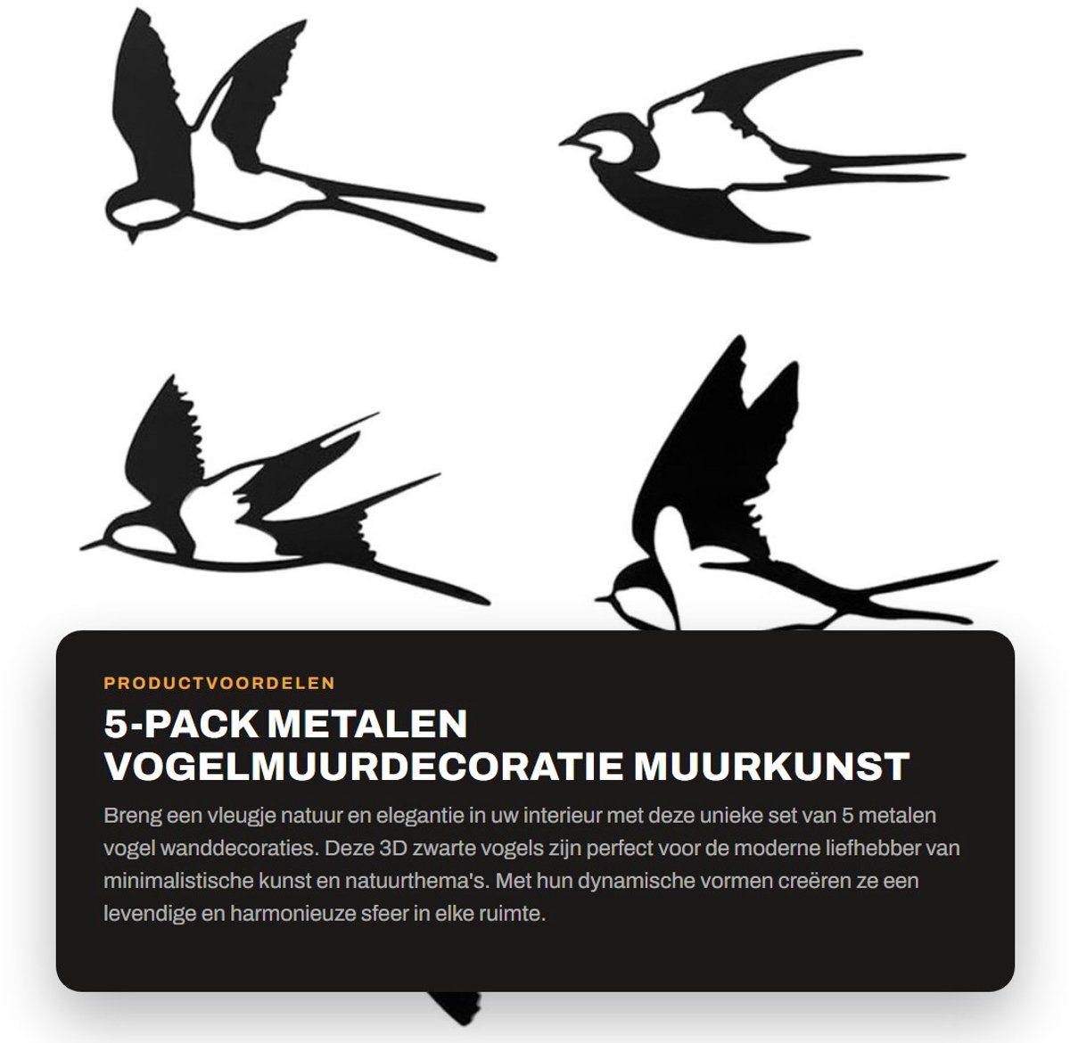 Dailygoods- Vogelmuurdecoratie 5-pack - Metalen Wanddecoratie - 3D Raamstickers - Zwarte Vogels - Natuurthema - Acryl Materiaal
