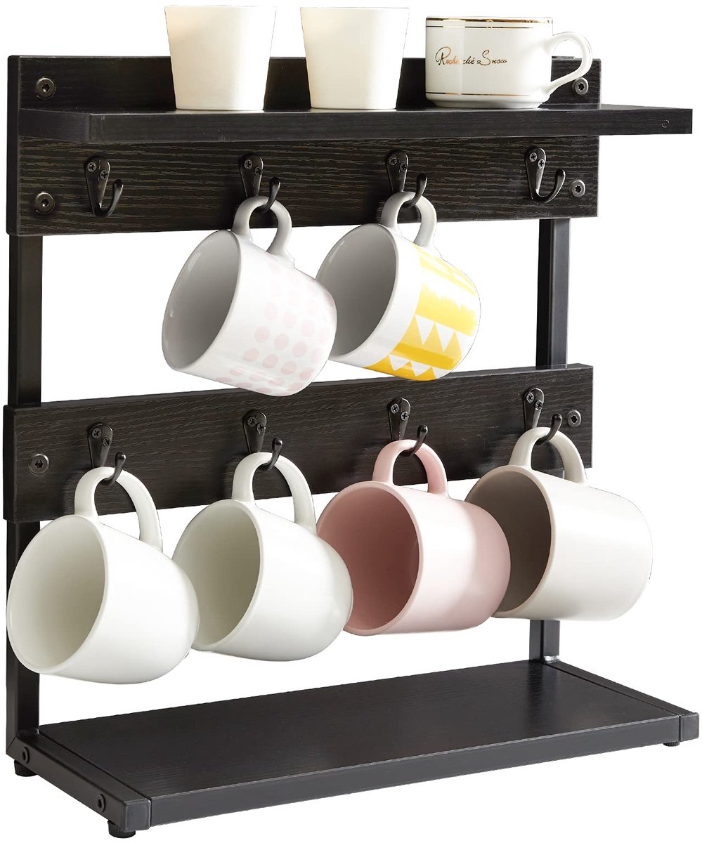 Rustieke koffiemok houder standaard, 2 Tier aanrecht mok boomhouder rek met opbergbasis, vintage mokhouders voor keuken, houdt 8 mokken, zwart TBJ002B