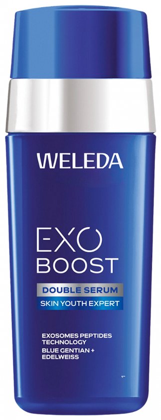 Blauwe Weleda fles met zilveren accenten en witte dop. De fles heeft tekst 'Weleda', 'EXO BOOST' en 'DOUBLE SERUM'.