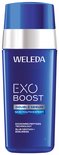 Blauwe Weleda fles met zilveren accenten en witte dop. De fles heeft tekst 'Weleda', 'EXO BOOST' en 'DOUBLE SERUM'.