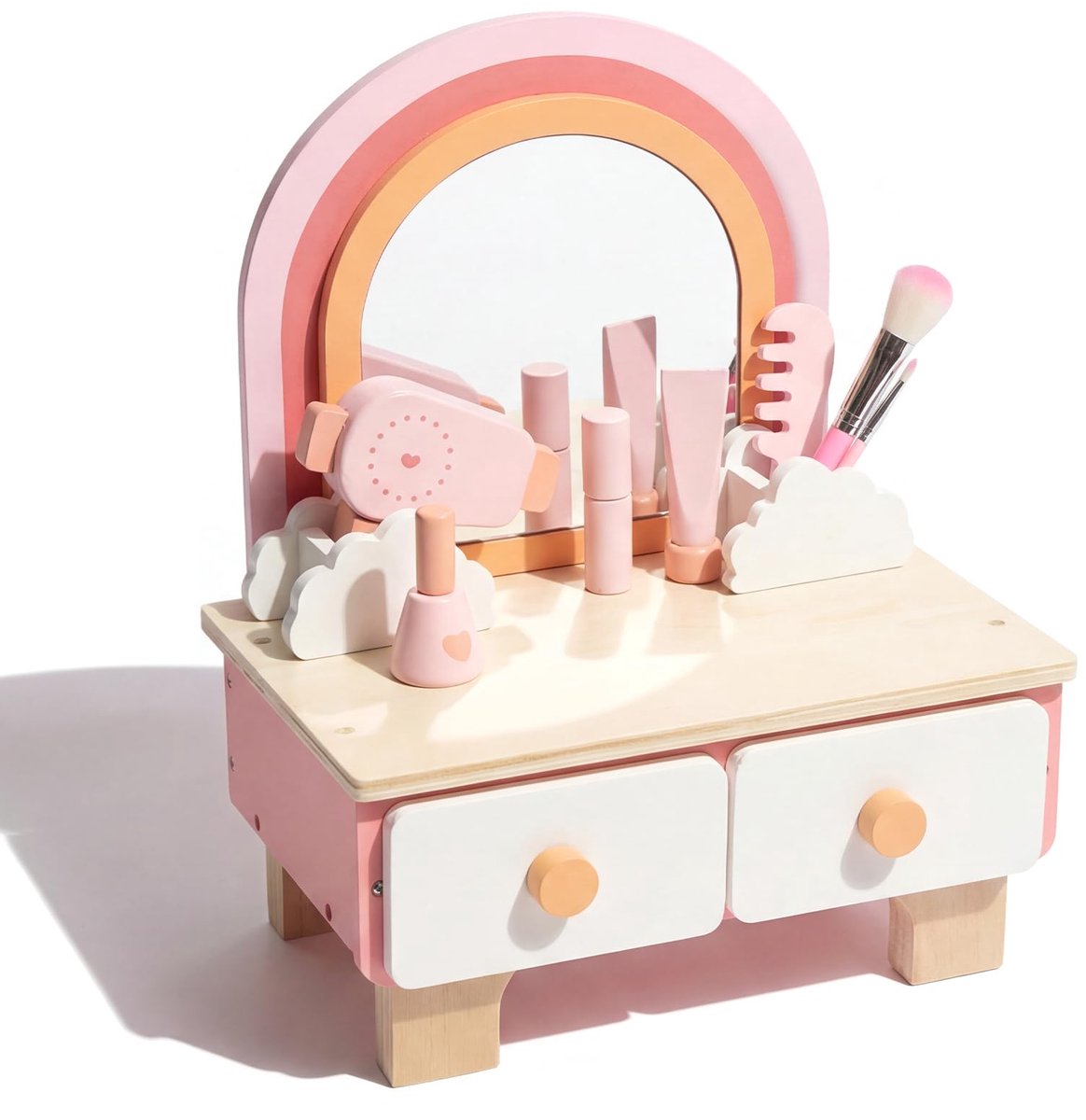 Roze kaptafel van hout met laden en 360° spiegel, 11 stuks beauty- en make-upaccessoires voor meisjes, cadeau 3+ (modern, 30 x 41 cm)