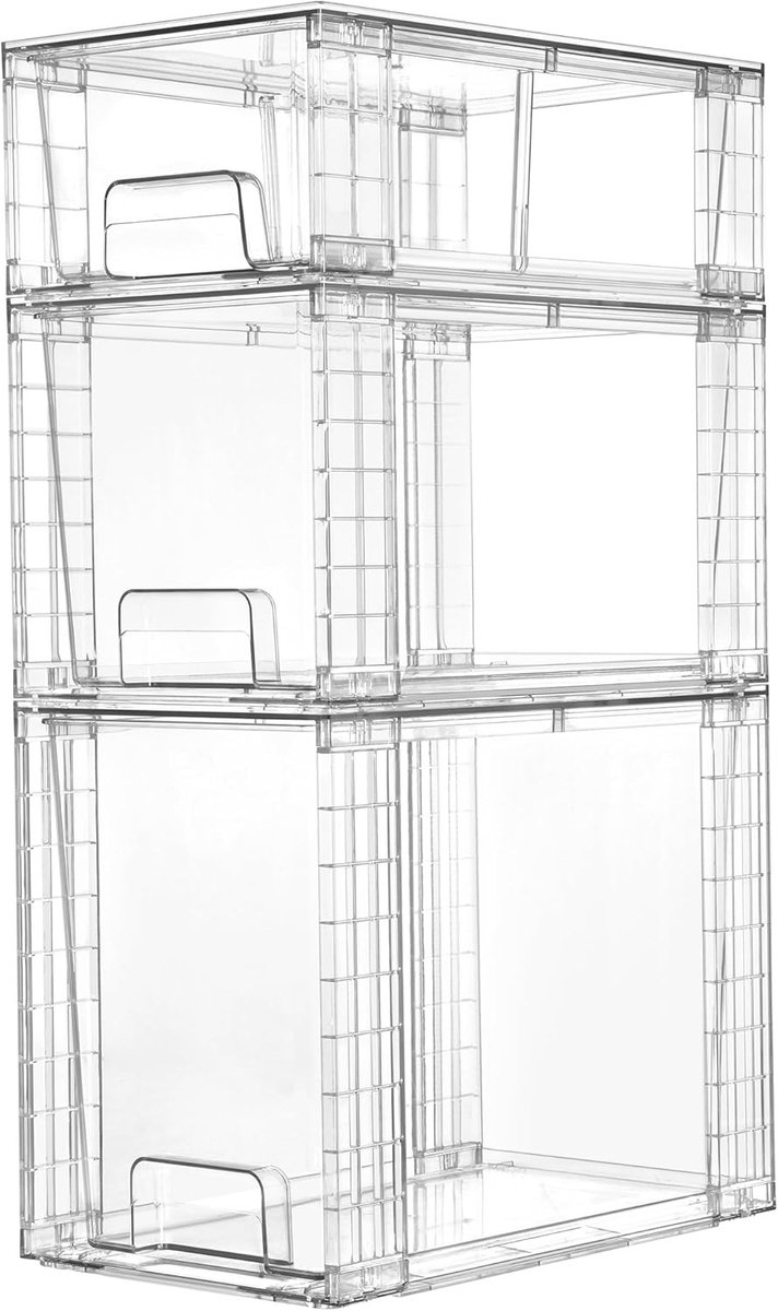 3-Pack Transparante Stapelbare Opbergdozen, Eenvoudig te Monteren Badkamer Organizers met Handvatten, Plastic Opbergdozen voor Keuken en Onder de Wastafel Organisatie
