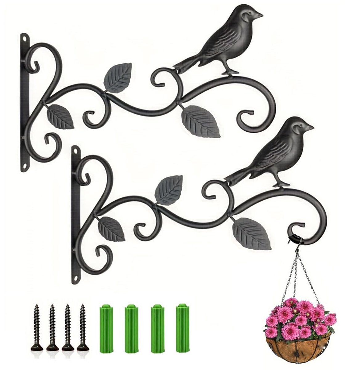 2 stuks houders voor hangende planten met wandhaken, wandhaken voor planten, smeedijzer voor vogels, kledinghaken, tuin, outdoor, met schroeven, balkon, lantaarn