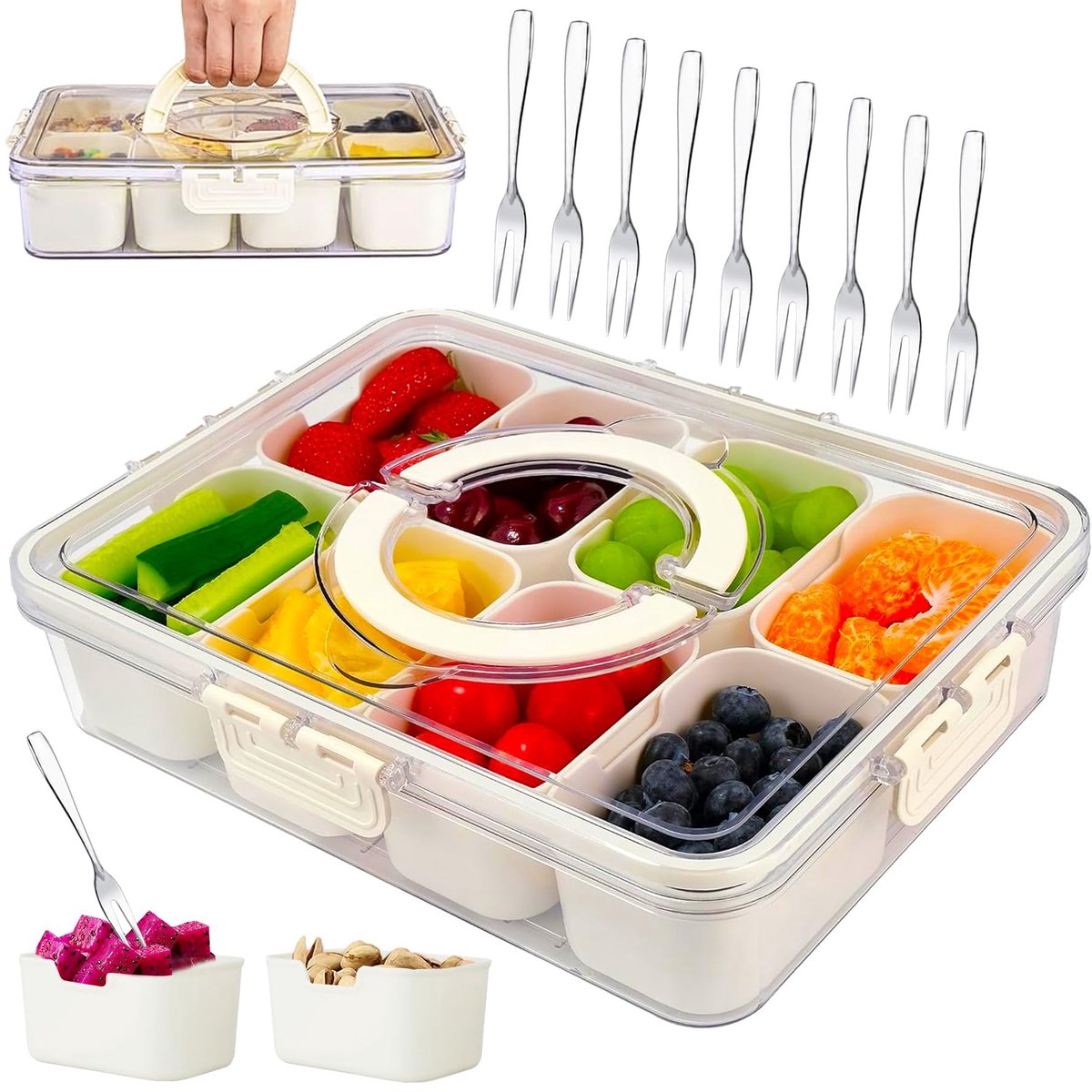 Snackbox, snackbox met 8 vakken, draagbare snacktablet, gedeelde organizer met 8 roestvrijstalen vorken, snacks met deksel, dozen voor snoep of koekjes