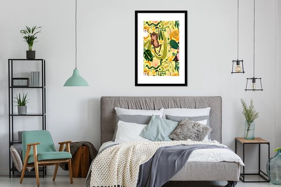 Poster in lijst - Fotolijst 60x90 cm - Posters - Jungle - Planten - Dieren - Geel - Posterlijst zwart - Decoratie - Wanddecoratie woonkamer - Muurdecoratie slaapkamer