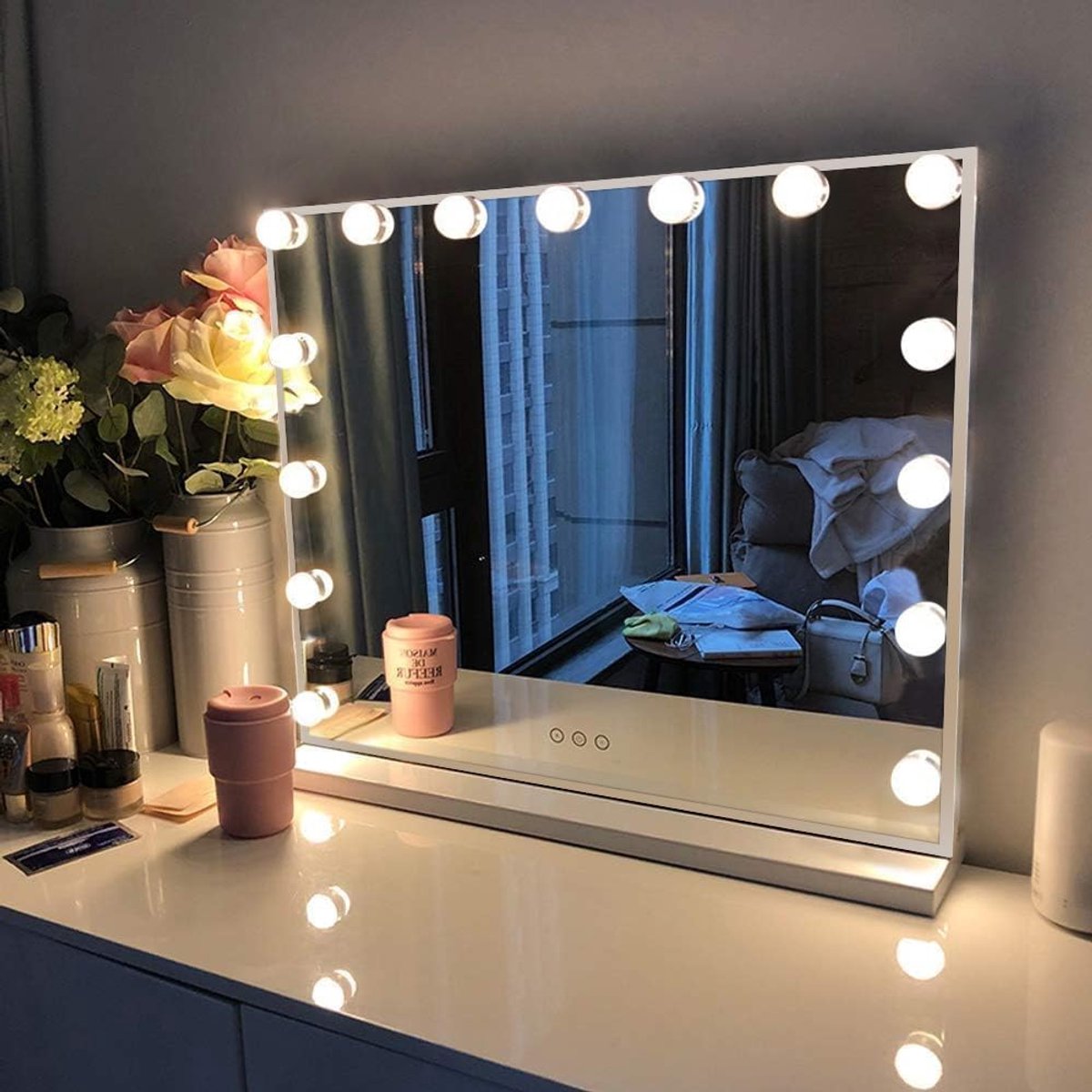 Hollywood Make-upspiegel met USB Type C uitgangsaansluiting, 3 modi instelbare kleurtemperaturen, Hollywood spiegel met verlichting, 15 ledlampen, tafel make-upspiegel
