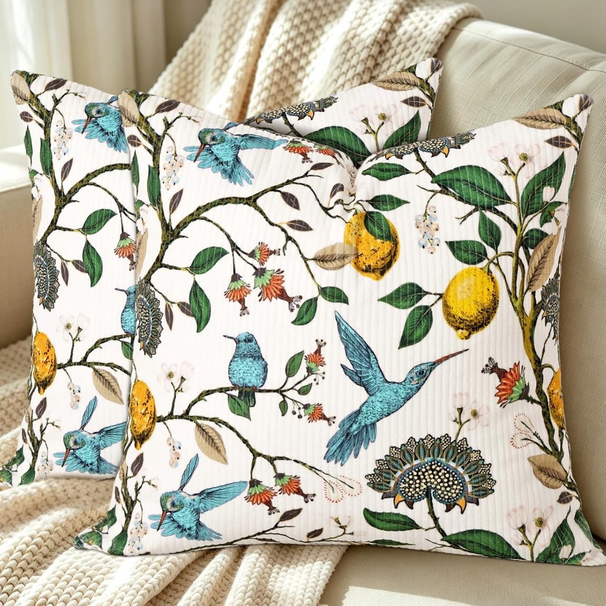 Set van 2 Decoratieve Kussenslopen 45 x 45 cm in Wit, Zacht Corduroy met Bloemen en Strepen voor Boho Woonkamer Decoratie