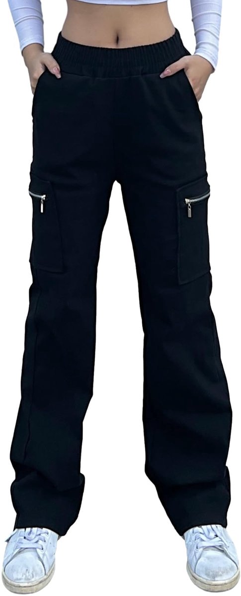 Vrouwen Wijde Pijpen Combat Cargo Broek met Rits Zakken Stretch Hoge Taille Werk Lange Lange Broek Losse Fit Lounge Wear Y2K Tiener Meisjes Streetwear Casual