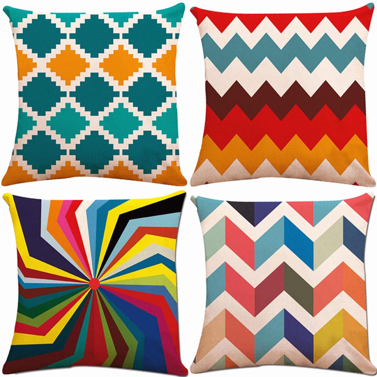 45 x 45 cm, set van 4, kleurrijke abstracte geometrische kussenhoezen, linnen, decoratieve, vierkante kussenslopen voor bank, slaapkamer, woonkamer