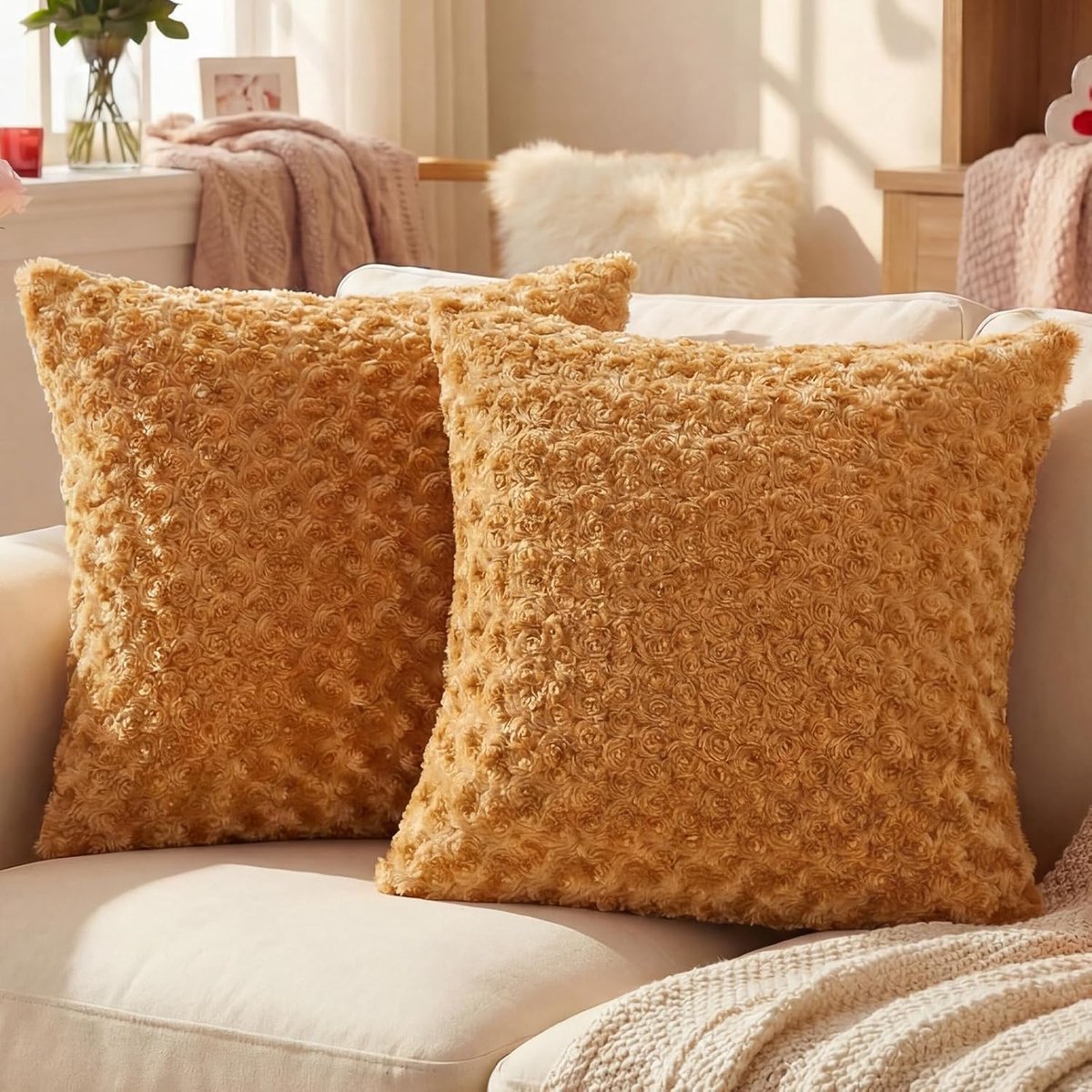 Kussenhoezen 45x45 cm Set van 2, Decoratieve Vierkante Zacht Kussenslopen, Kussenhoes met Rits Resistent, Hypoallergeen Ademend Kussenomslag voor Woonkamer Slaapkamer, Mocha Bruin