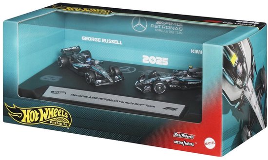 Doos met twee zwarte F1-auto's, 'George Russell' en 'Kimi Antonelli', met logo's.
