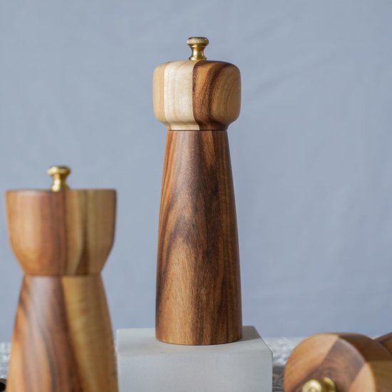 Zoutmolen, zout- of pepermolen met verstelbare keramische slijpkern, kruidenmolen voor peper en zout, acaciahout, 20,5 cm hoogte, bodemdiameter: 6 cm (dienblad is NIET inbegrepen) — afbeelding 4