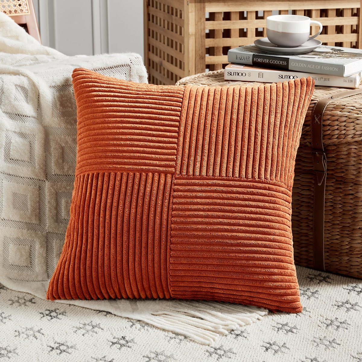 SnelShoppen - Caramel Kussenhoezen 50x50 cm Corduroy Modern Zacht Kruispatroon Decoratieve Kussenslopen met Verborgen Rits voor Bank Slaapkamer