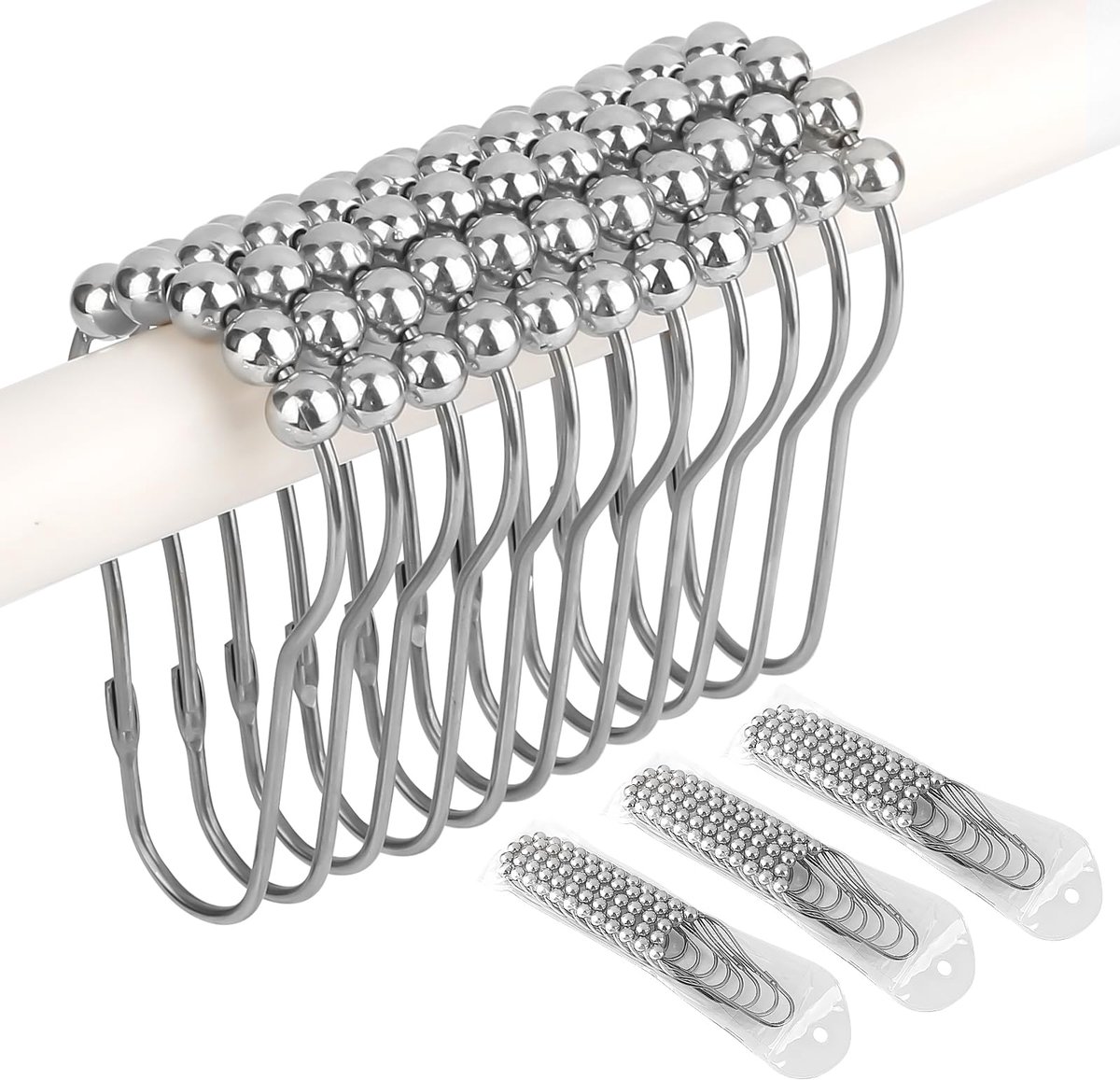 Douchegordijnhaken, zilveren douchegordijnringen, roestvrijstalen douchegordijnringen, metalen gordijnhaken met glijsysteem voor douchegordijnstang, kledingstang (77 x 40 mm)