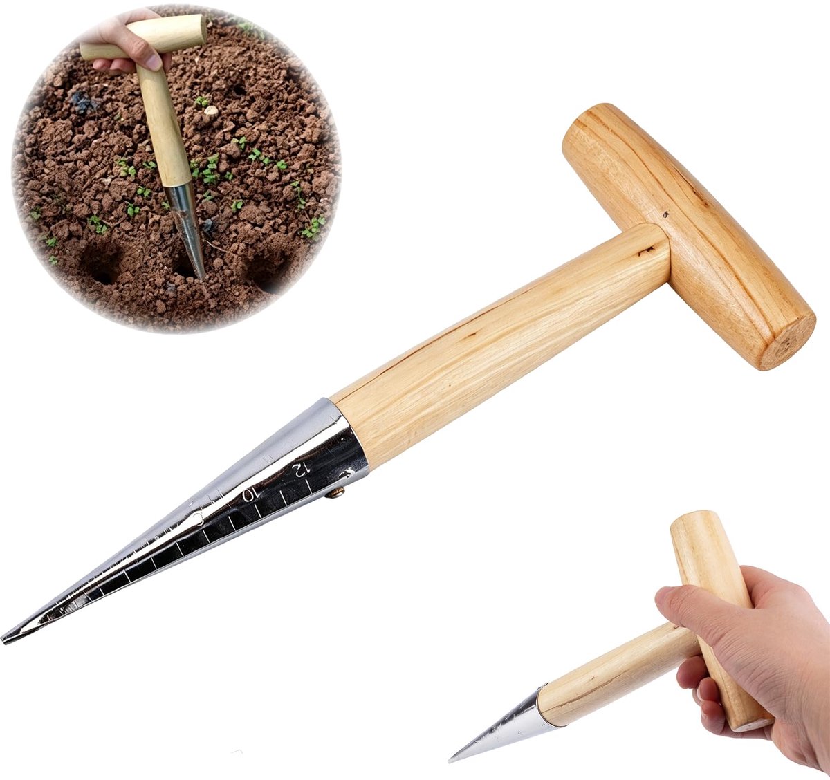 planthout, plantenhulp met ergonomische T-handgreep, hoogwaardige uienplanter van roestvrij staal en hout, voor nauwkeurig planten van uien, zaden en bloemen in de tuin