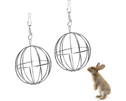 2 stuks hooivoederbal, hooirekbal, roestvast stalen frame met ophanging, voor het voeren van konijnen, cavia's, chinchilla's, hamsters