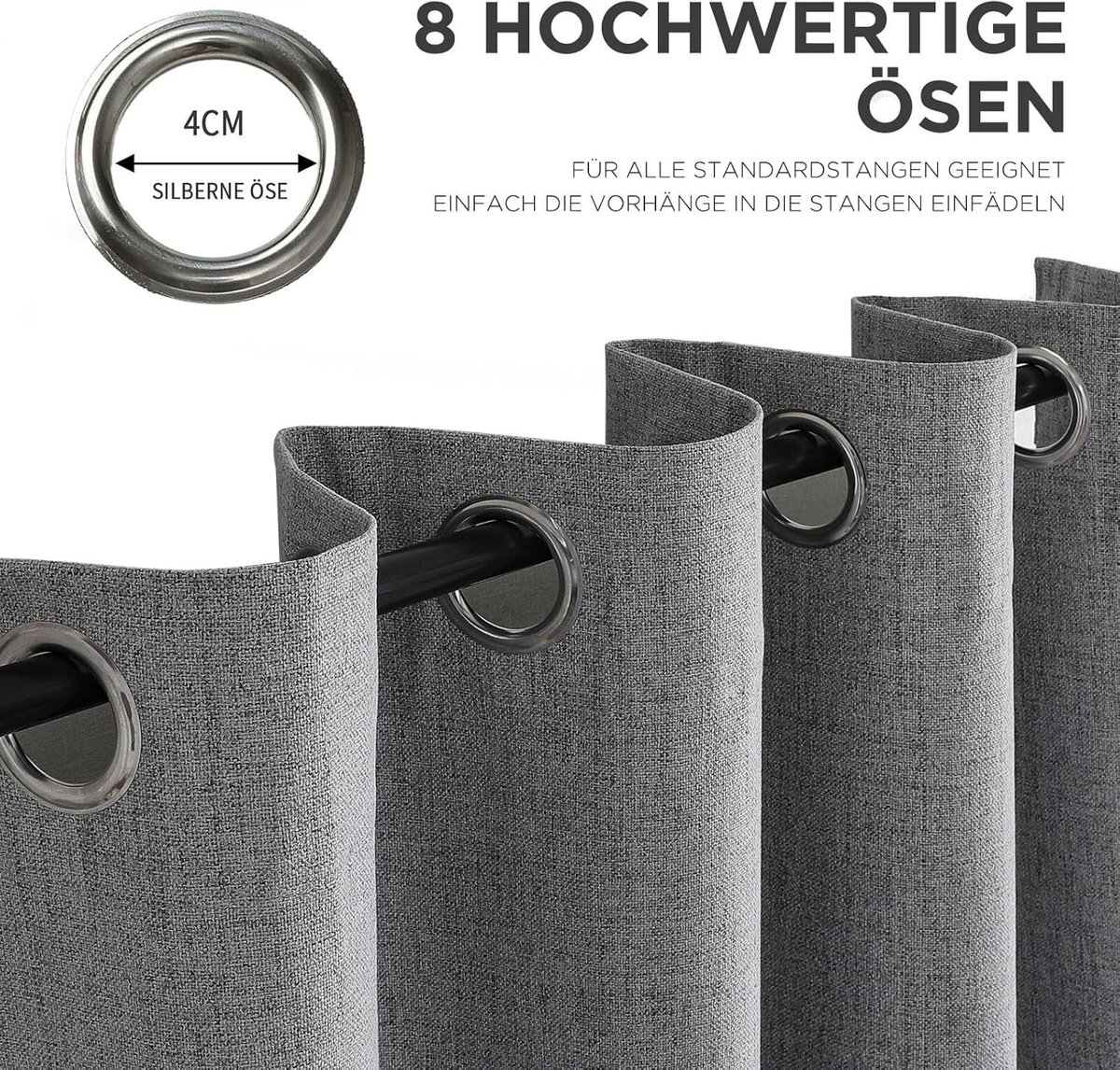 100% ondoorzichtige gordijnen, verborgen linnenlook, deurgordijn, verduisteringsgordijnen met inslagringen, thermische koudebescherming, hittebescherming, voor slaapkamer en woonkamer
