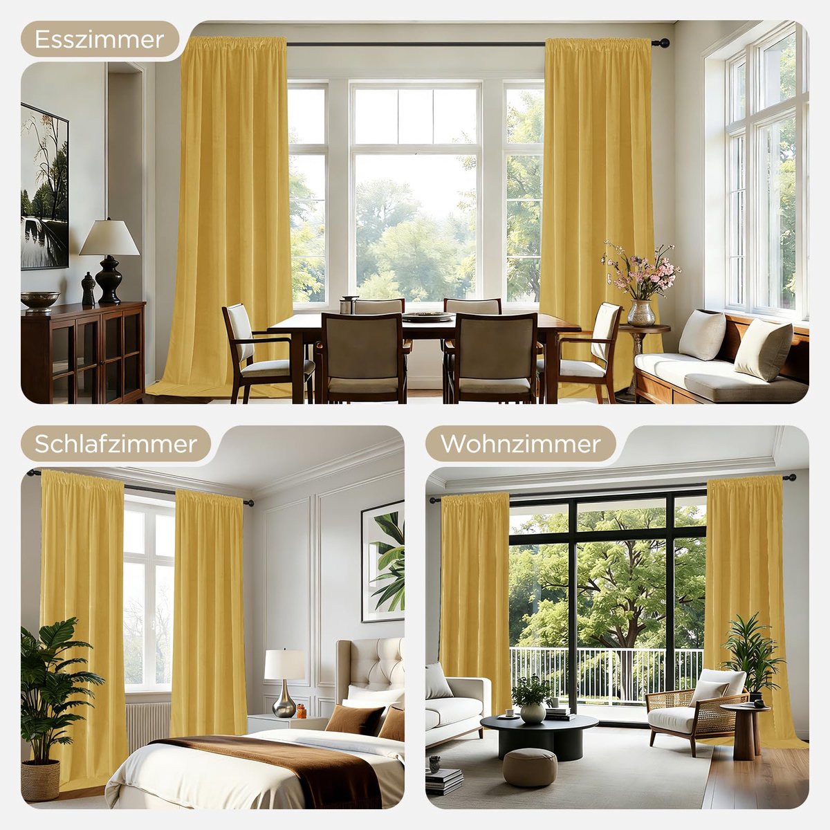 Fluwelen gordijnen, met plooiband, set van 2, B 132 x H 245 cm, mosterdgeel, thermogordijn, koudebescherming, elegante verduisteringsgordijnen, geluidsisolatie, ondoorzichtig, fluweel