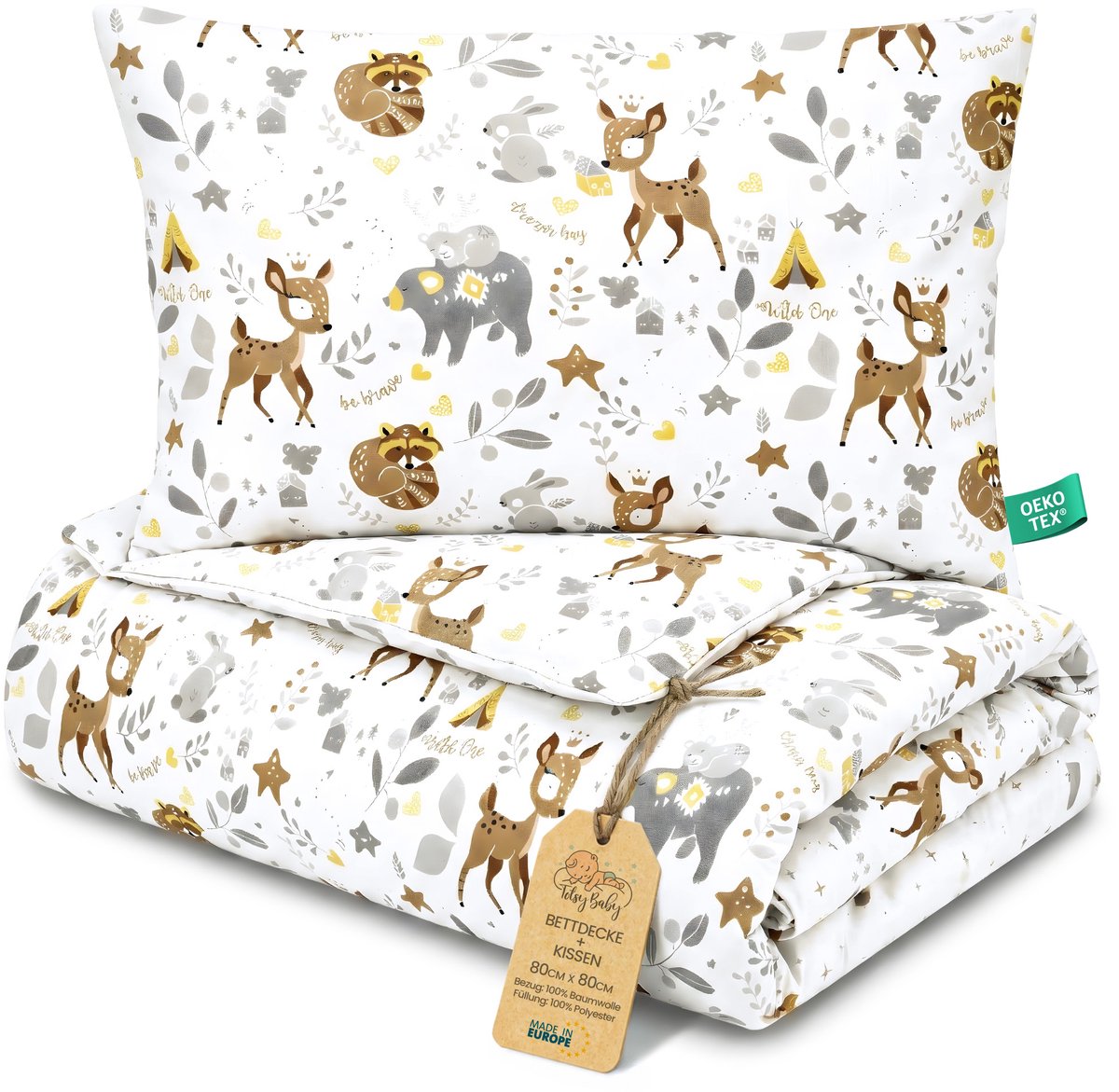 Kinder dekbed zonder hoes 80x80 cm - Katoenen baby deken en kussen set kinderdeken 80 x 80 en kussen 40 x 35 - Dekbedden kinderdekbed voor babybed Oeko-Tex Hert