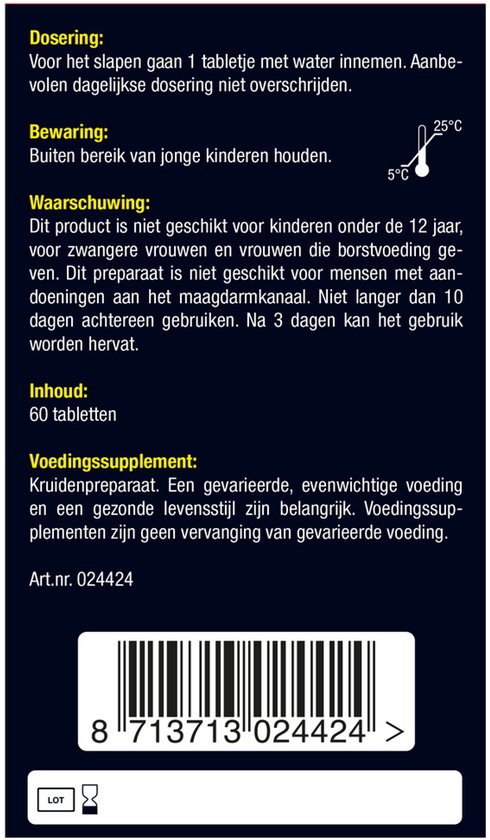 Achterkant van de verpakking van Lucovitaal Stoelgang met dosering en waarschuwingen.