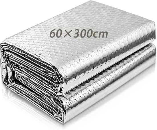 Een opgevouwen rol van reflecterend isolatiemateriaal met de afmetingen 60 x 300 cm.