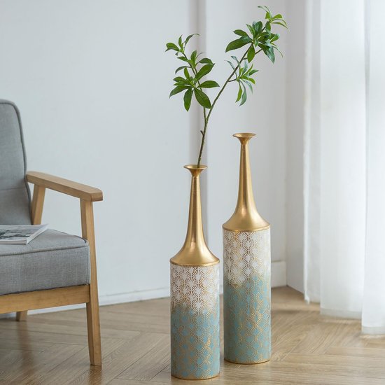 Extra Grote Vloervazen - 66/60cm Vintage Hoge Vloervaas Set van 2 Grote Boerderij Kust Bloemenvaas voor Woonkamer Metalen Smalle Hals Vaas voor Pampas Gras Kunstmatige Plant Takjes