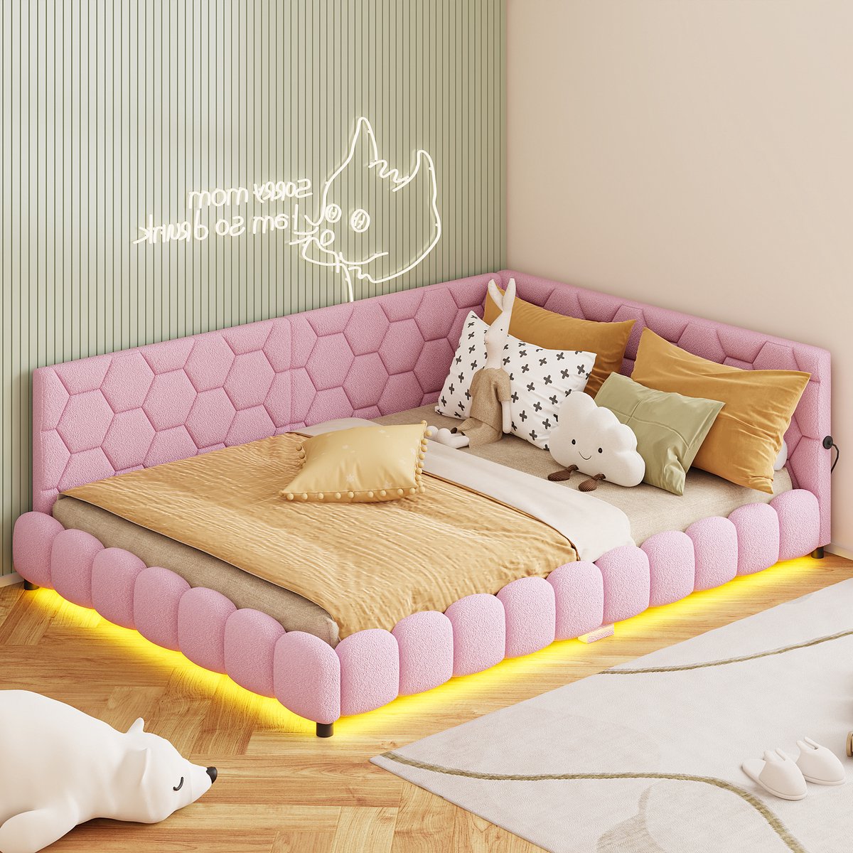 Solvenrik Slaapbank 140x200 Roze – Gestoffeerd Velvet Bed met LED Verlichting & USB – Bedbank met Sfeerverlichting – Modern Kinderbed/Tienerbed