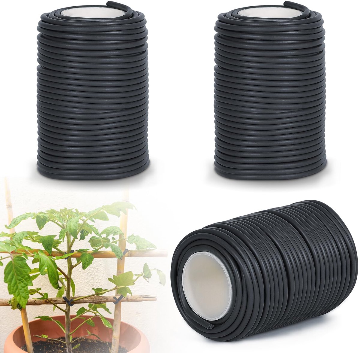 efuturetime 3 x binddraad, 3,5 mm, tuindraad, rubber, 20 m, plantendraad, zacht, voor training en ondersteuning van planten, zwart