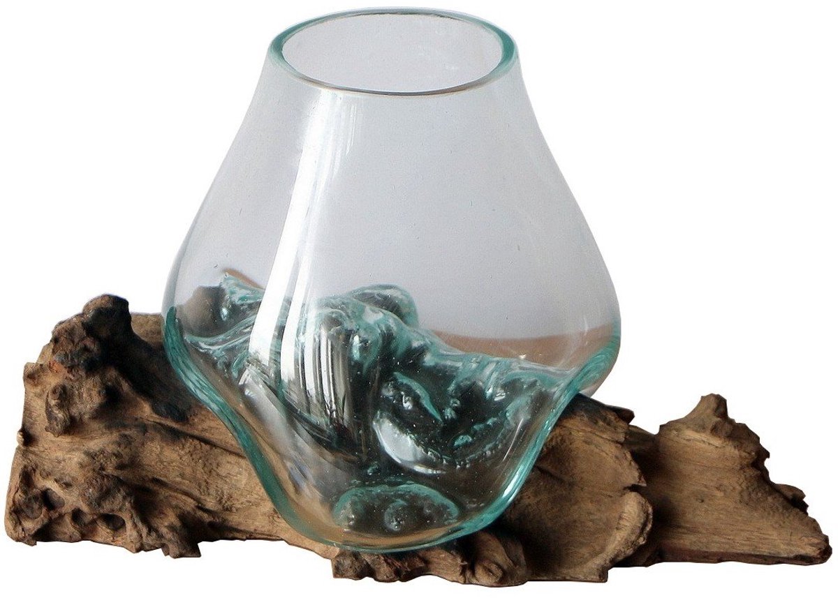 decoratie, Gamal burl houten glazen vaas, glas 15-16 cm, teakhouten vaas, glas