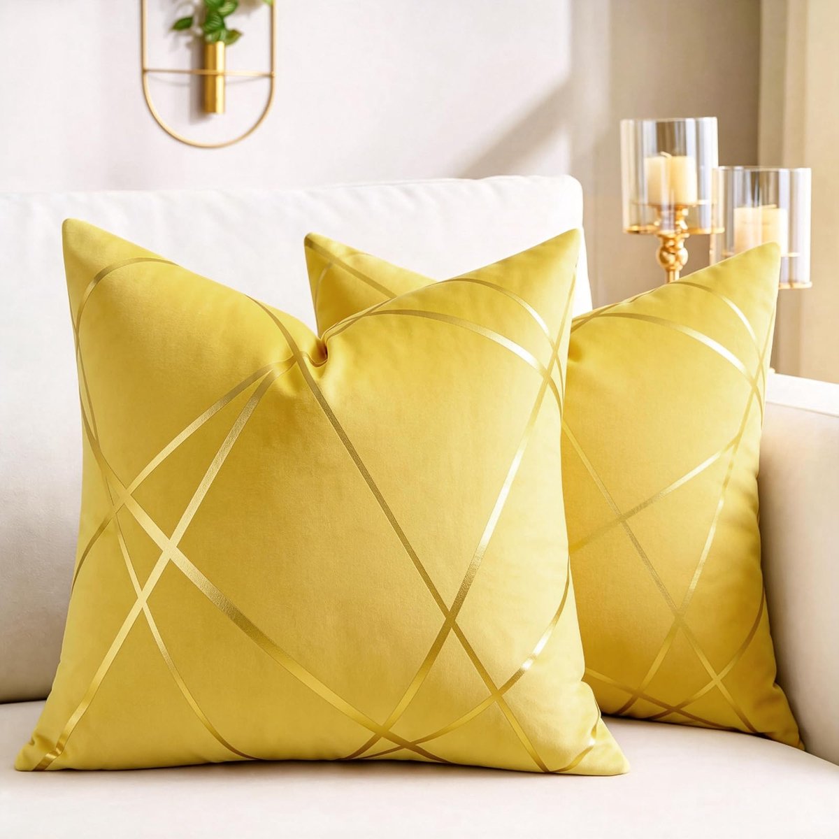 Kussenhoes 45 x 45 cm Geel Kussen Gouden Lijnen Decoratieve Kussenslopen Geometrie Kussen Woonkamer Bank Kussensloop Sofa Set van 2