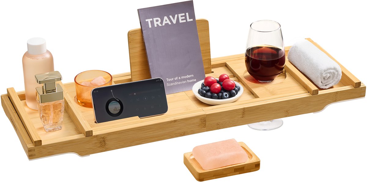 SONGMICS - Badplank - Badblad - Uittrekbare - Bamboe - Opvouwbaar en Antislip - Boek Tablet Wijnglas Handdoek