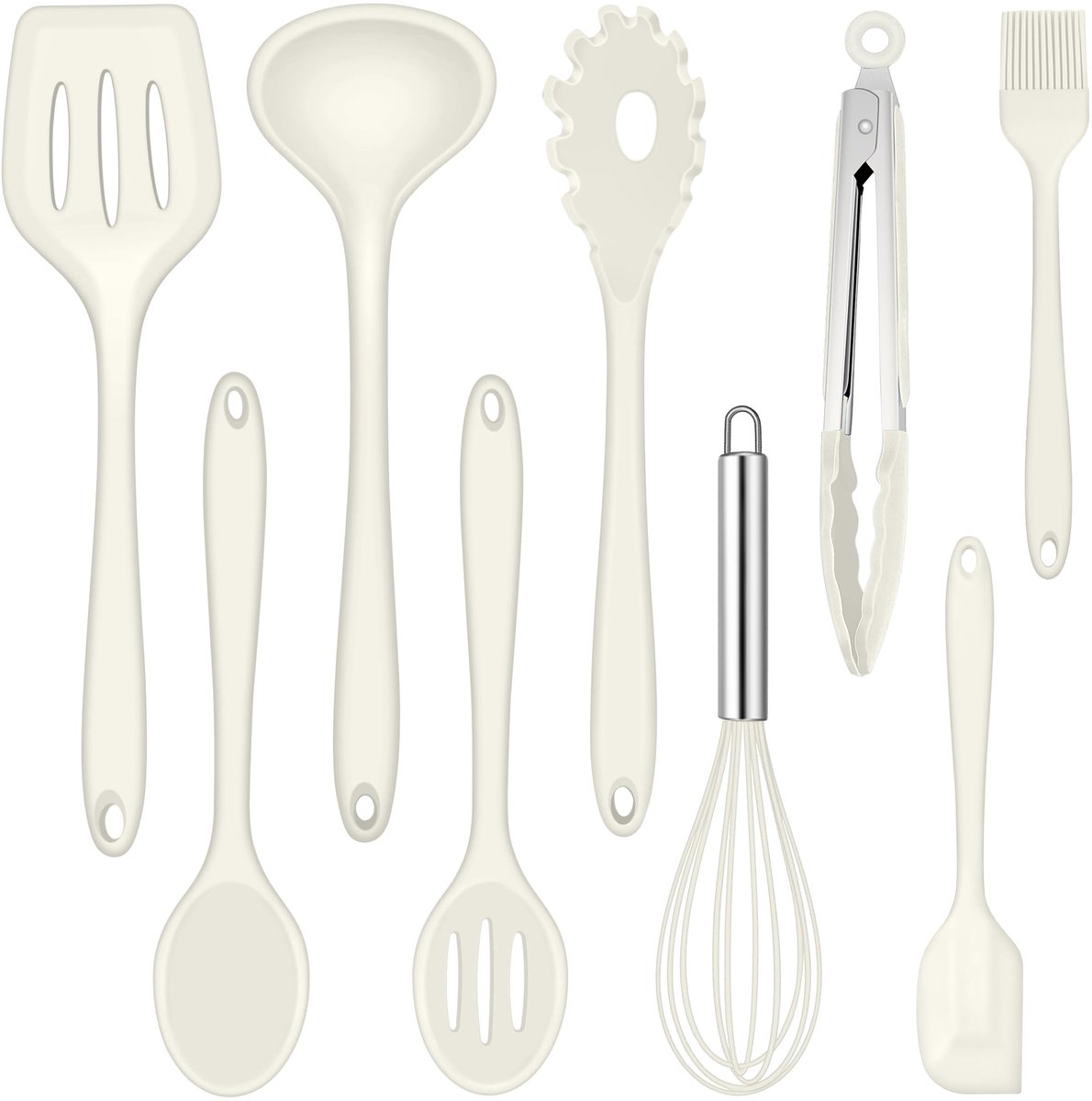 Keukenhulpset, 9 stuks siliconen keukengerei, hittebestendig kookgerei, kookgerei set met spatel, garde, grilltang, anti-aanbaklaag, kookbestek voor koken en bakken, wit