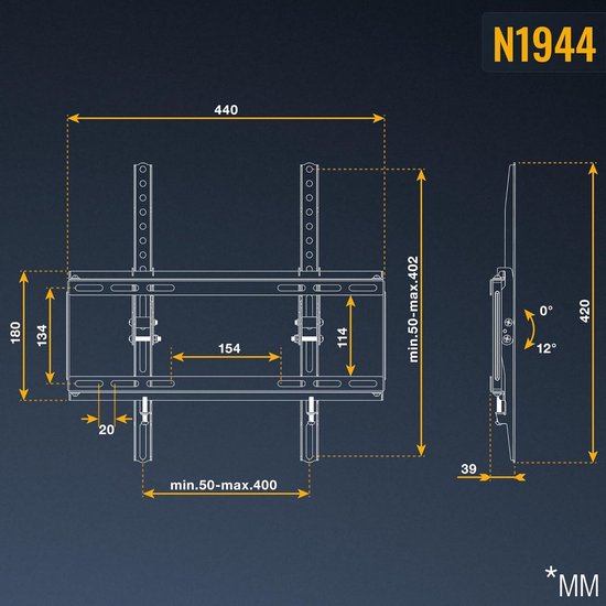 TV Muur-Beugel Kantelbaar 40-85 Inch N1944 (81-165 cm) VESA 200x200-400x400 Ophangbeugel belastbaar 75kg Houder voor LED LCD Schermen — afbeelding 3