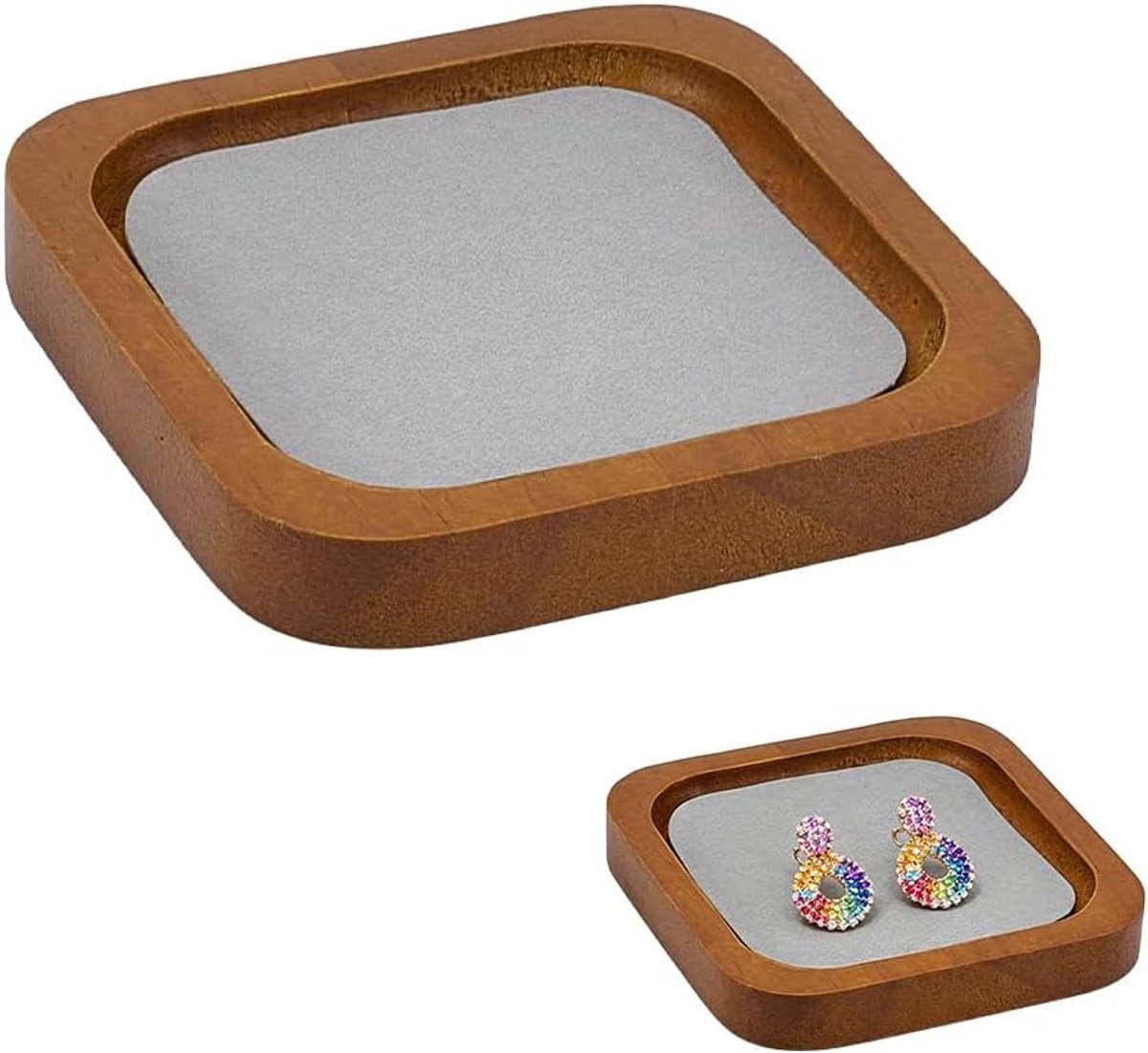 nbeads 1 stuk houten sieradendisplay met mat, 10 x 10 x 1,5 cm, vierkant, gevoerd dienblad voor ringen, oorbellen en armbanden, zilver