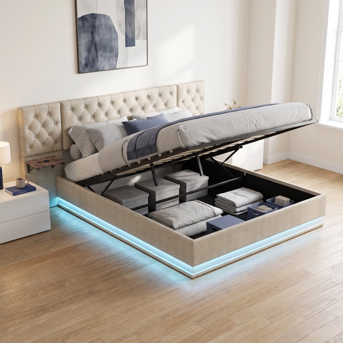 Gestoffeerd Opbergbed 160x200 cm - Tweepersoonsbed met RGB LED - verlengd hoofdbord en lattenbodem - Linnen - Beige