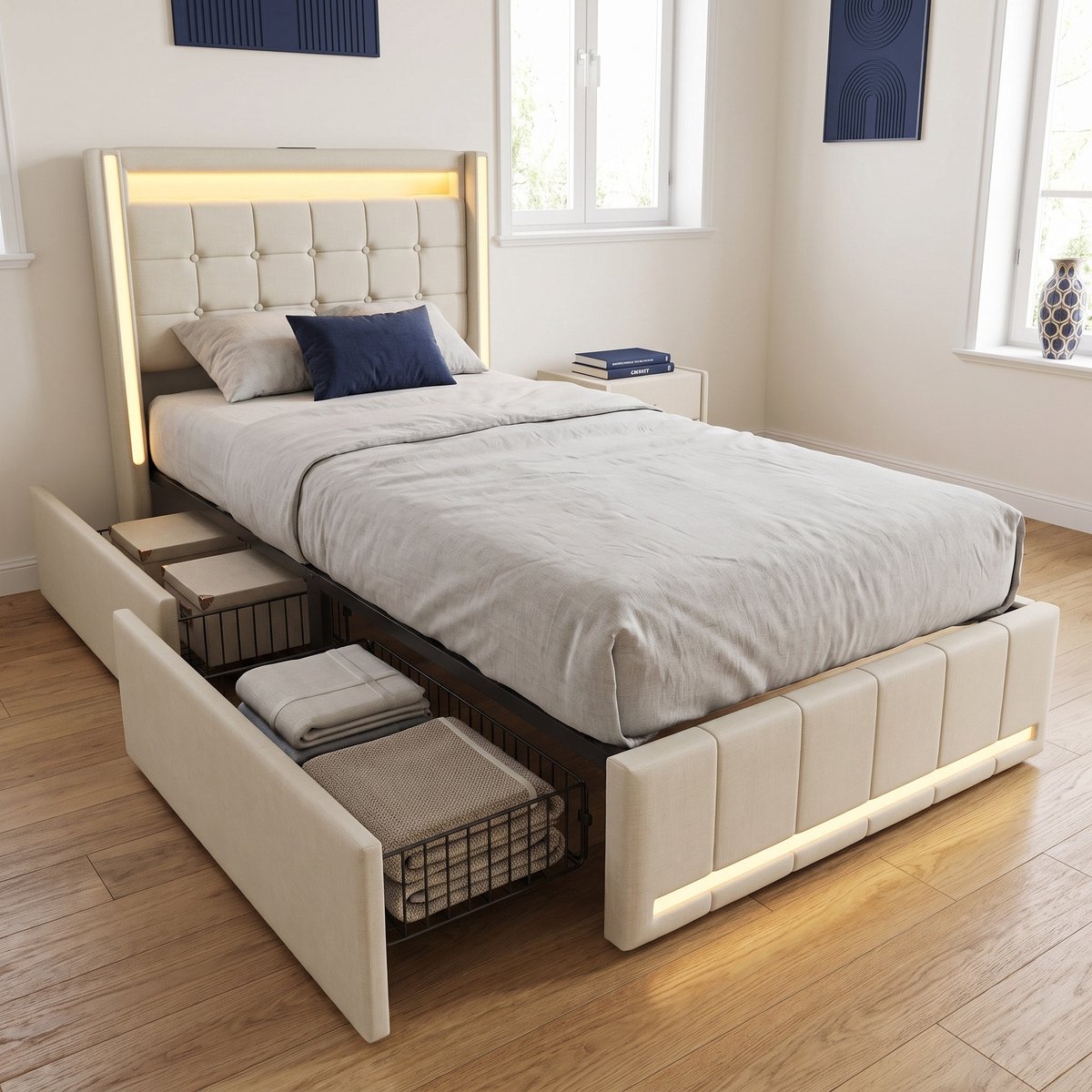 Gestoffeerd Opbergbed 90x200 cm met 2 lades - Eenpersoonsbed met LED en USB - Linnen - Modern - Beige