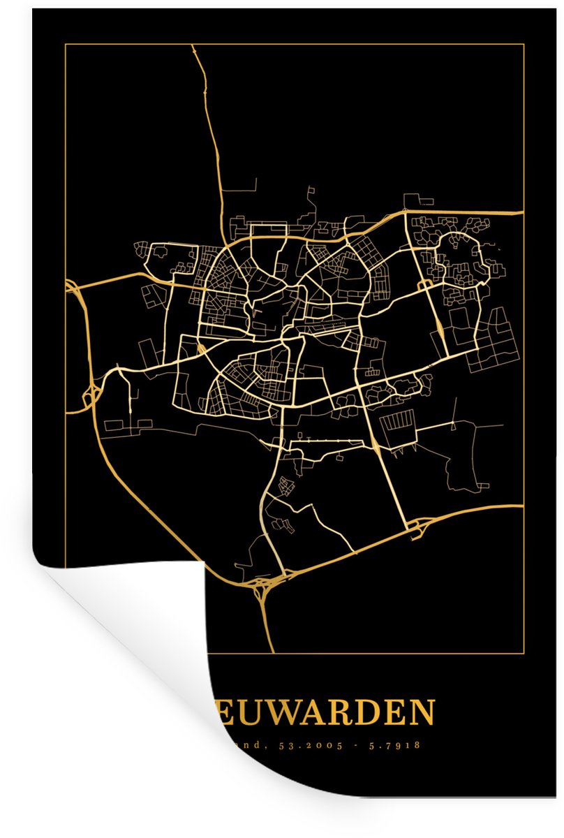 Muurstickers - Sticker Folie - Kaart - Leeuwarden - Simpel - Goud - Zwart - 60x90 cm - Pla