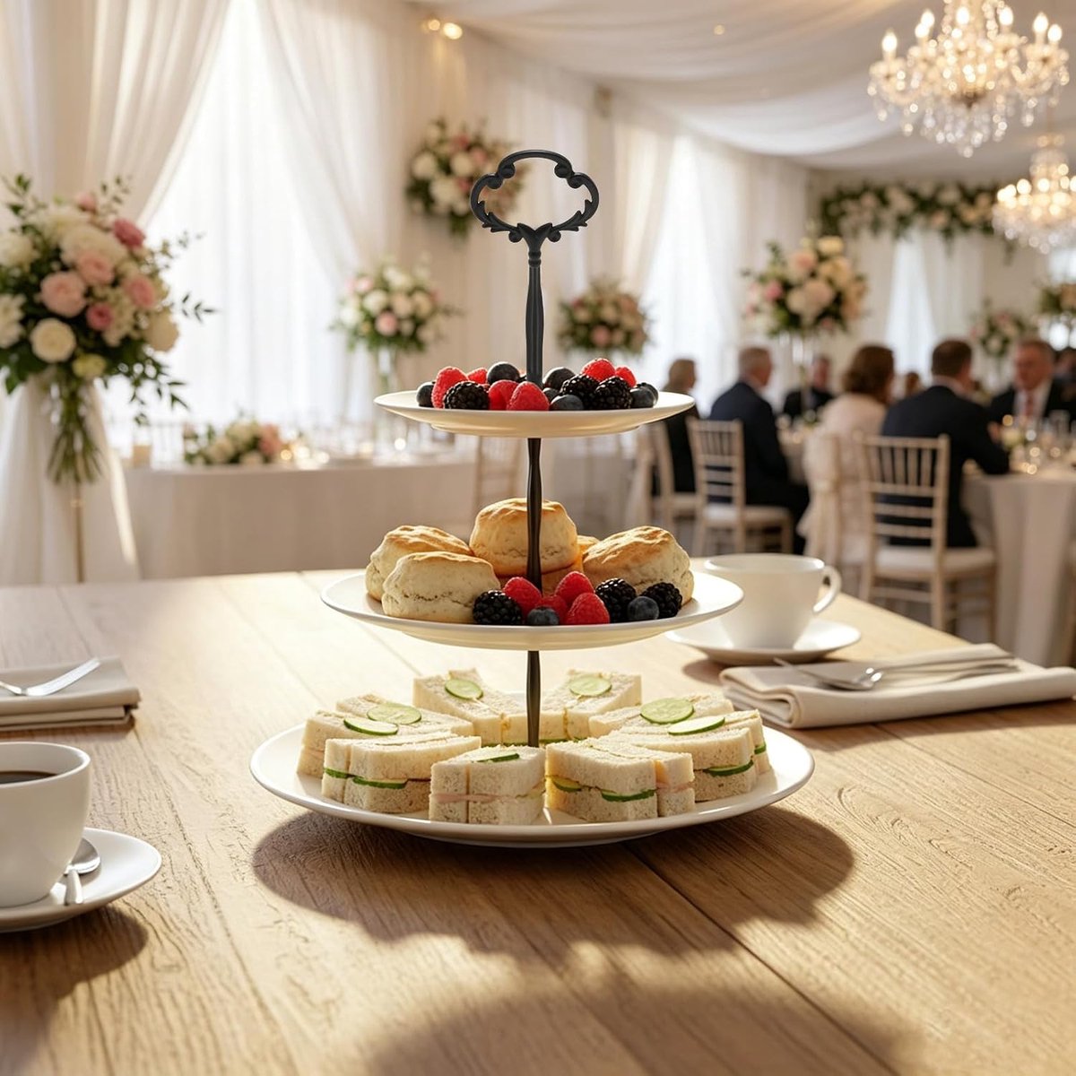 Set van 6 etagèrestangen, zwart gebloemd, meerlaagse taartstandaard van metaal, fruit- en dessertstandaard voor bruiloften, feesten en familiediners
