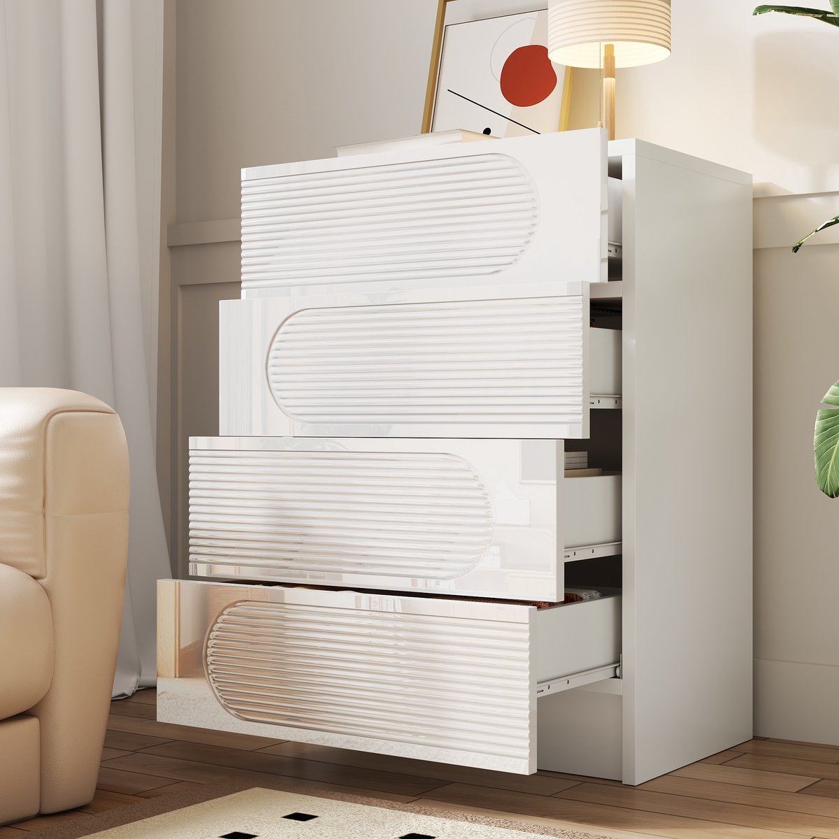 Opbergladekast - 60 x 38,5 x 85 cm wit - 4 volledig uitschuifbare lades met hoogglans front en gebogen design - Geschikt voor kantoor, slaapkamer en woonkamer