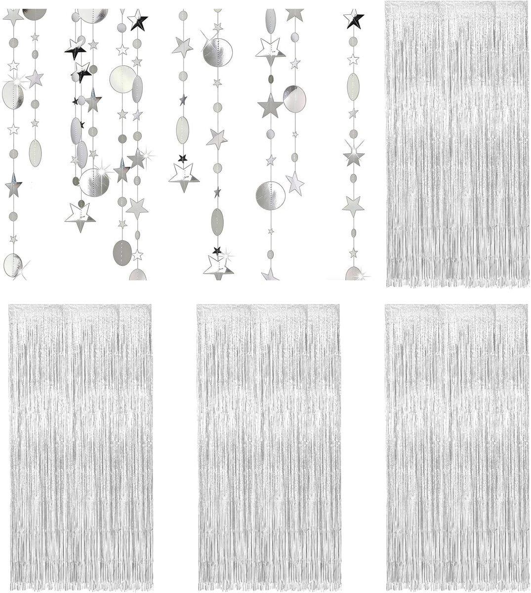 Gordijnen met metalen franjes, inclusief 1 hangende papieren slinger, wanddecoratie, zilveren achtergronddecoratie voor feest, verjaardag, bruiloft, Kerstmis en carnaval