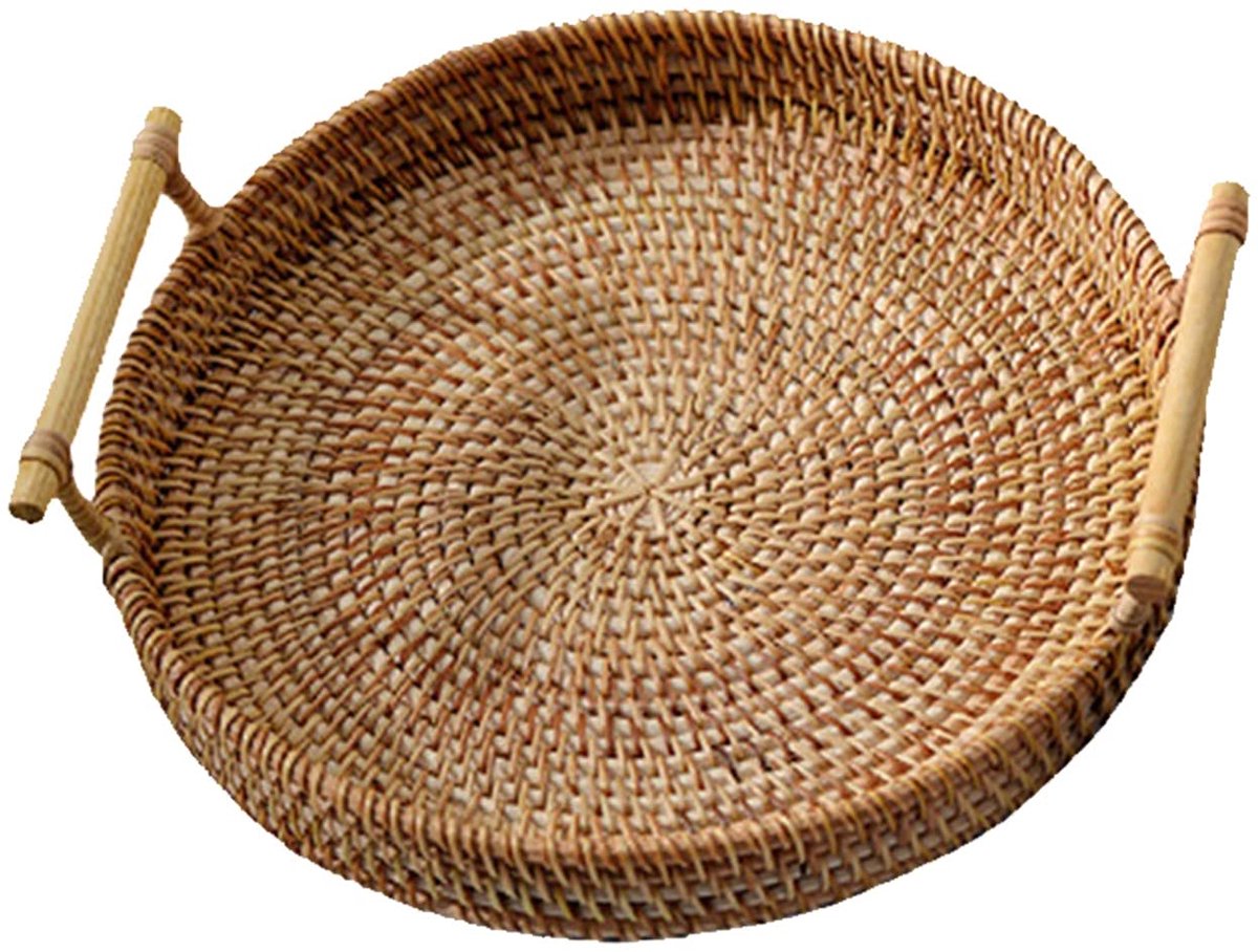 handgeweven ronde portie dienblad voedsel opslagplaat met houten handgrepen rieten mand houten dienblad voor drinken fruit koffie thee Gebruikt in slaapkamer, keuken, opslag (Size : 32cm)
