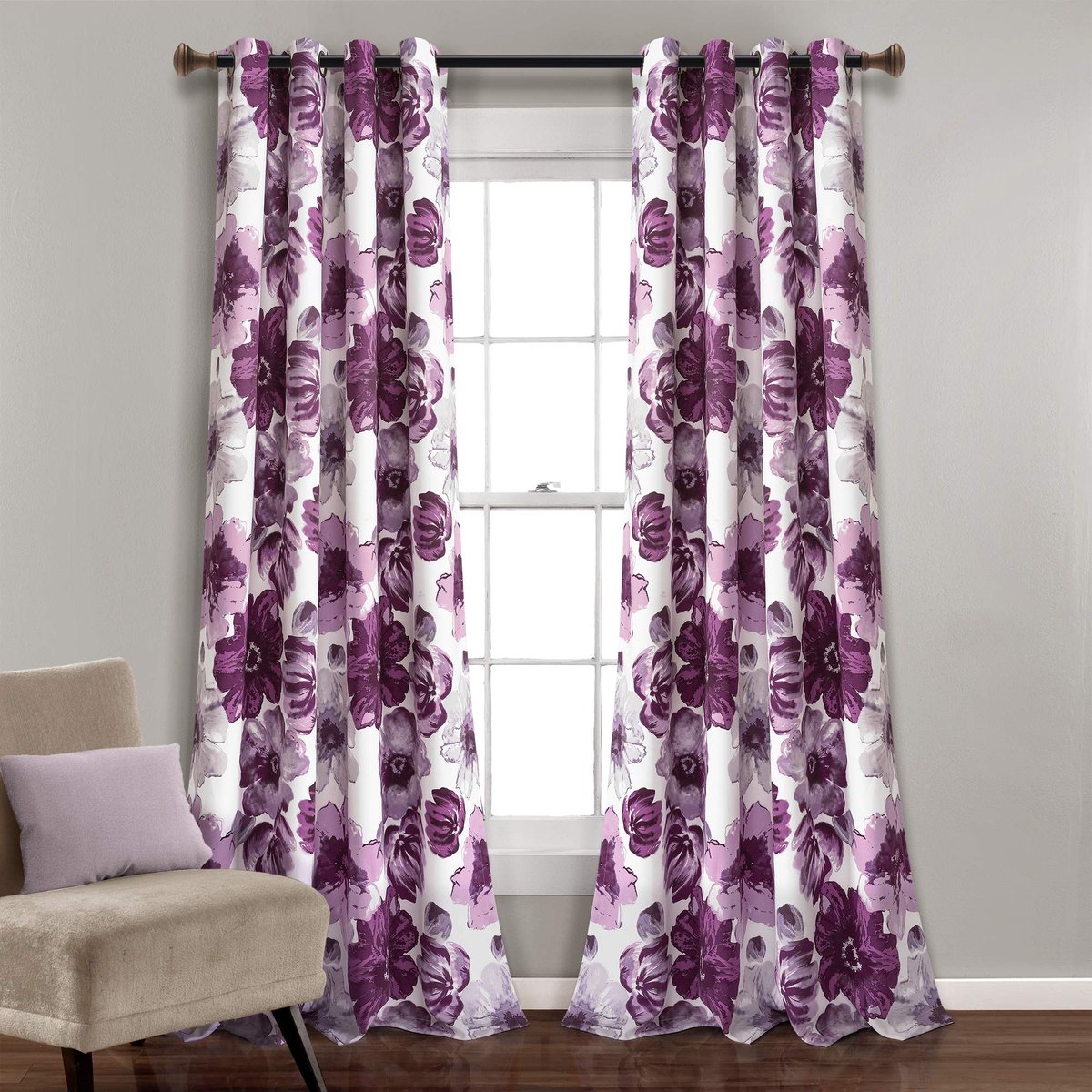 Bloemengordijnen - Raampanelen Set - Woonkamer Decoratie - Bloemenmotief - 84 x 52 inch - Paars en Grijs