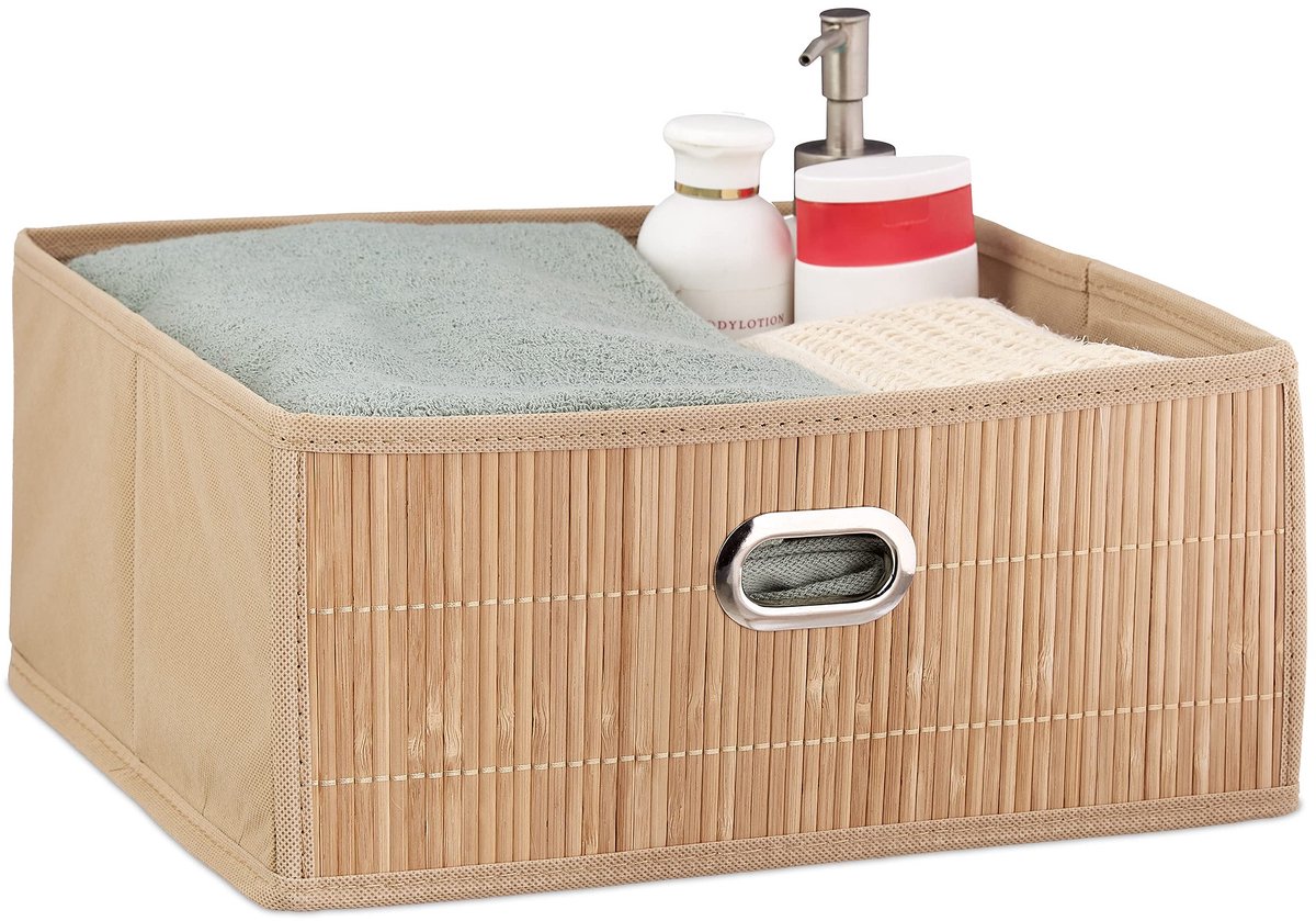 Mand bamboe, badkamer, opvouwbaar, laag, breed, vierkant, stoffen mand, HBD: 14 x 31 x 31 cm, natuur
