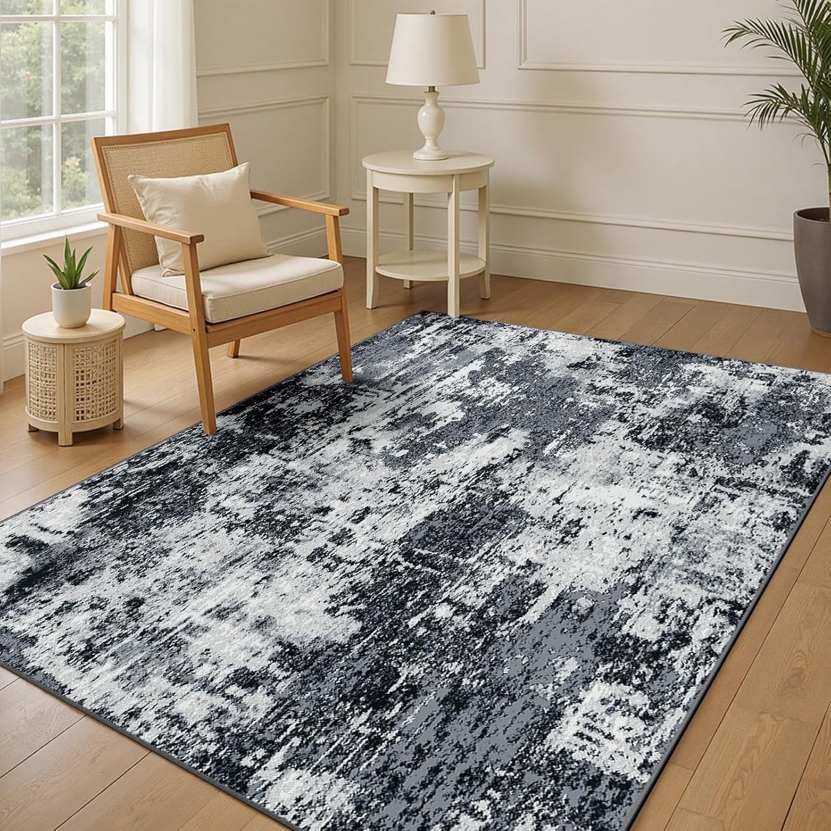 Machinewasbare Tapijten 150x210 cm Moderne Abstracte Vloerkleed Laagpolig Antislip Tapijt met Print Patroon voor Woonkamer Slaapkamer Huiskontoor Binnenhuis Zwart/Grijs