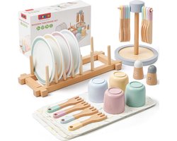 Kinderkeukenaccessoires Hout, 33 Stuks Serviesset met Kopjes Borden, Speelkeuken Accessoires Servies Theeservice Kinderen Keuken Accessoires Speelgoed Rollenspel Cadeau voor Meisjes Jongens 3