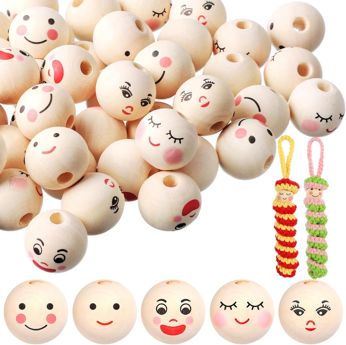 Kralen met gezicht, 20 mm zorgenwormen, houten koppen, houten kralen om te rijgen, houten ballen met gat voor knutselen, sieraden, Halloween-decoratie