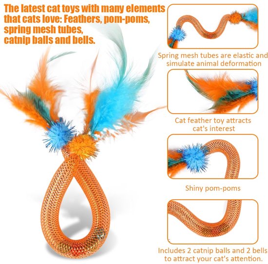 kattenspeelgoed, 3 stuks, kattenspeelgoed, spiraal, kattenspeelgoed voor katten, wiebelbal, kattenspeelgoed, ballen met kattenmunt, veren, belletjes — afbeelding 2