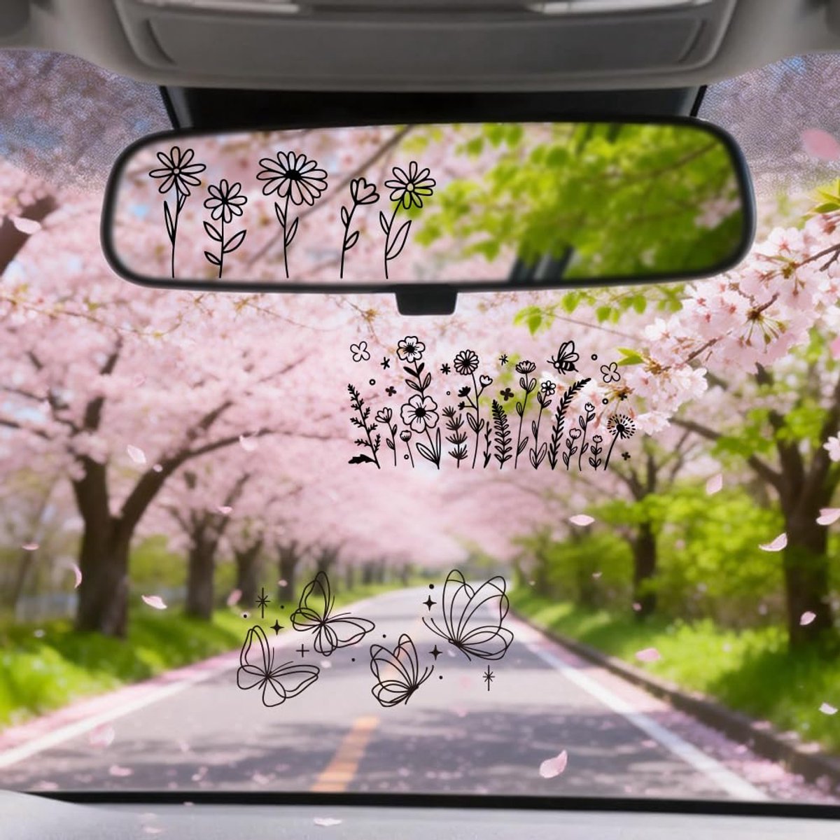 6 stuks 3 stijlen bloem auto spiegel stickers vlinder 6 x 10 cm zwart waterdicht voor auto's auto vrachtwagens, achteruitkijkspiegel vinyl sticker decoratieve accessoires voor tuimelaar